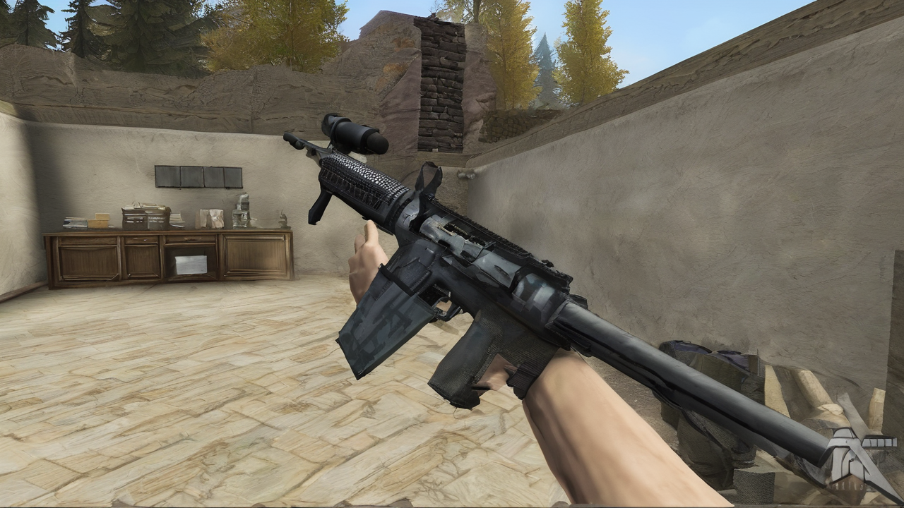 Tło przedstawiające fragment mapy z Counter-Strike 2 z efektami świetlnymi i mgłą w stonowanych kolorach